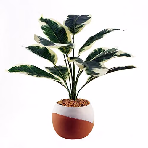 Leaf Design UK Potted Variegated Pothos Artificial Foliage Plant in Green with Concrete Pot, H 40 cm x W 35 cm x D 35 cm – 1
