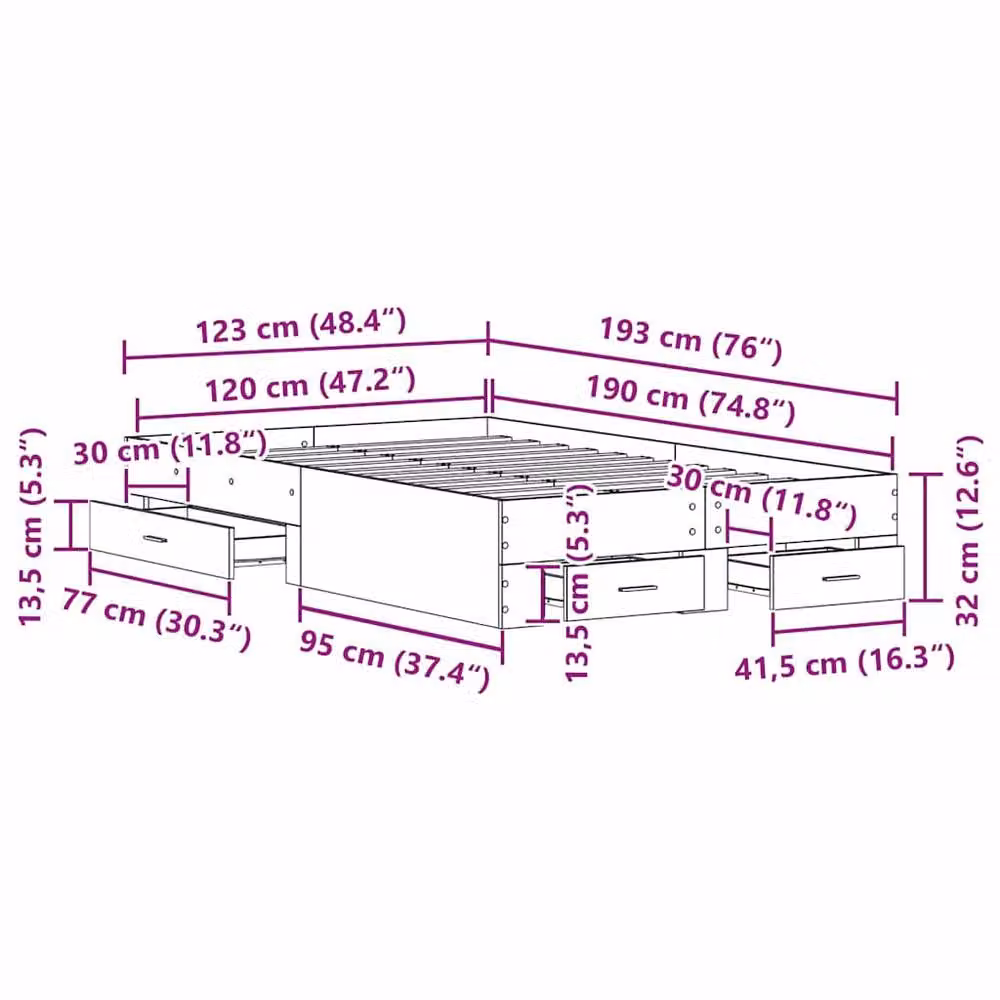 Berkfield Home Elegant Bed Frame with Drawers in Artisan Oak Brown, W/D/H: 190 x 120 x 30 cm – 2
