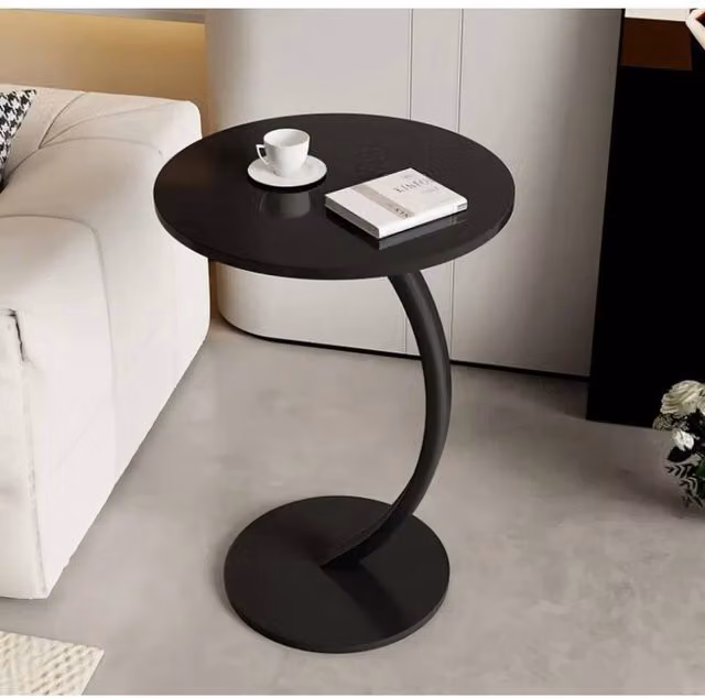 FLAVORA Modern C-Shaped Compact Sofa Side End Table in Black with Round Metal Top