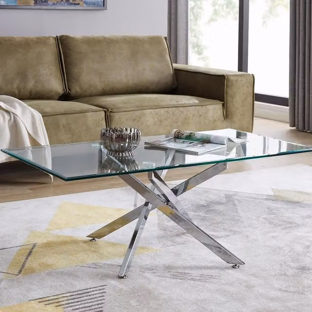 FurnitureboxUK Leonardo Rectangular Glass Coffee Table with Metal Angled Starburst Legs in Silver – 1