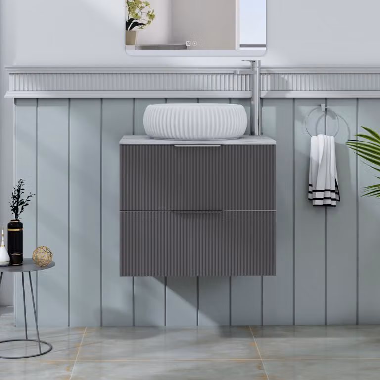 Royal Bathrooms Evora 600mm Graphite Grey Fluted Wall Hung 2 Drawer Vanity Unit with Milan Basin