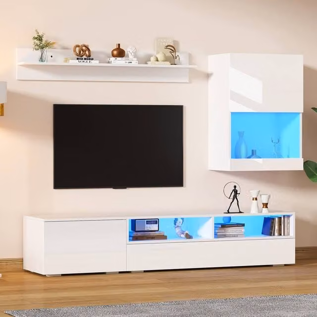 ModernLuxe 3 Piece Modern Glossy White TV Wall Unit with Integrated Lighting, Lowboard, Display Vitrine and Open Shelf – 1