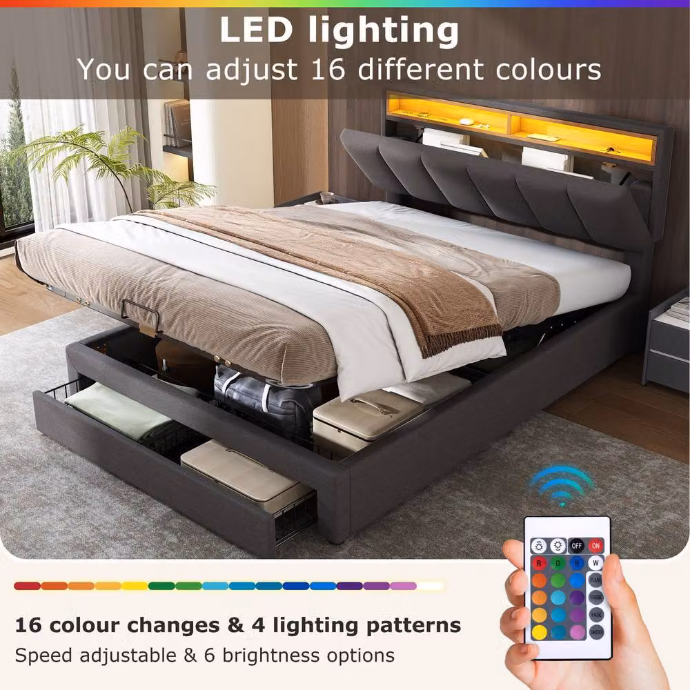 Matteo Super King Upholstered Bed with LED Lighting and Lift Up Base in Grey Linen, W/D/H: 180 x 200 x 102 cm – 4