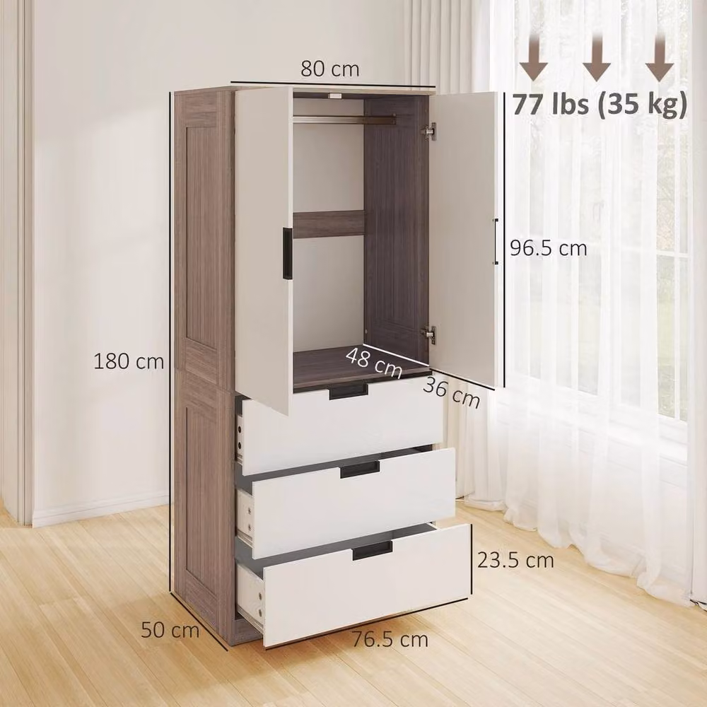 PAWNORA Modern White Wardrobe Closet with 2 Hinged Soft-Close Doors, 3 Integrated Drawers and Hanging Rod – 2