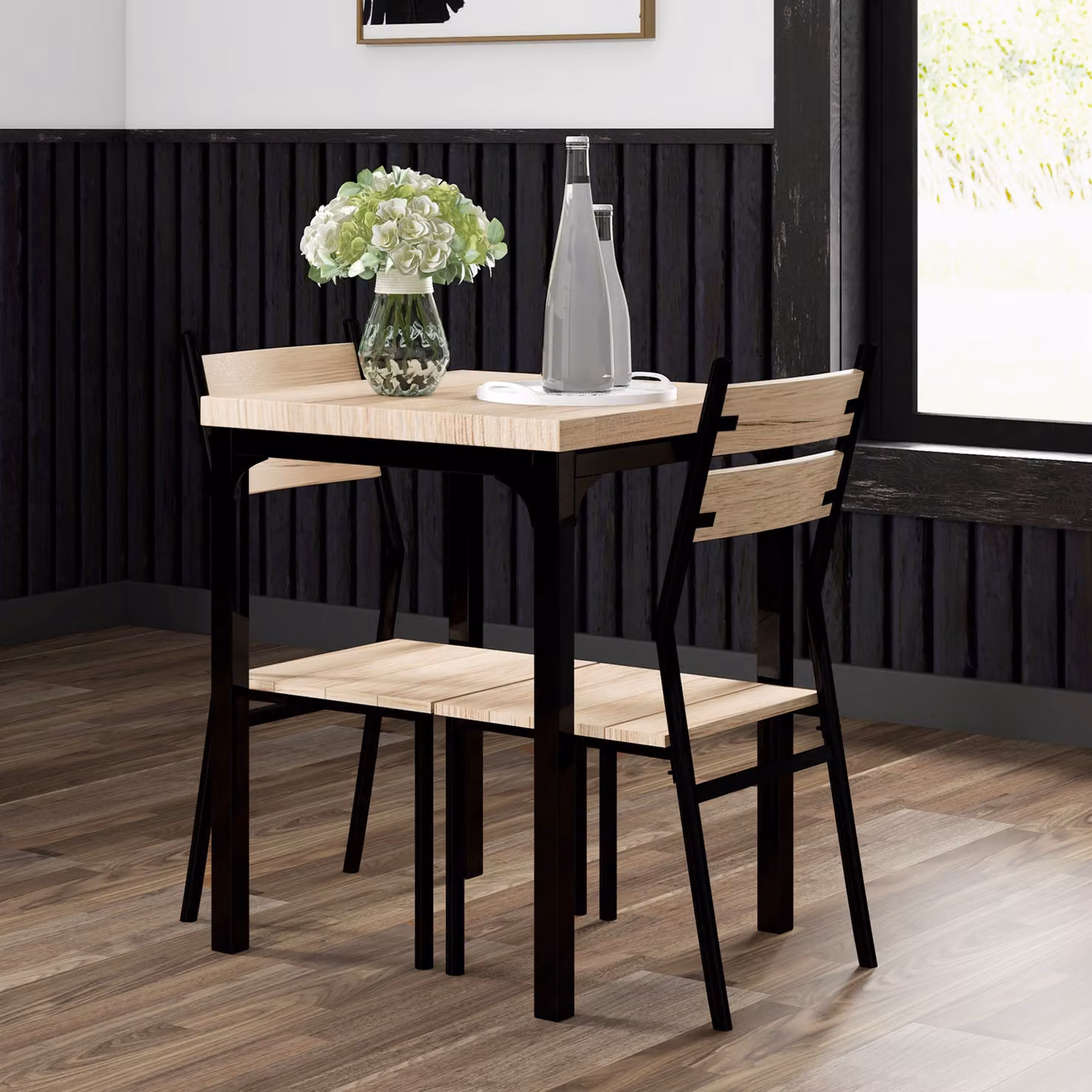HOMCOM Small Dining Table and 2 Chairs Set with Natural Wood Finish and Metal Legs in Brown – 6
