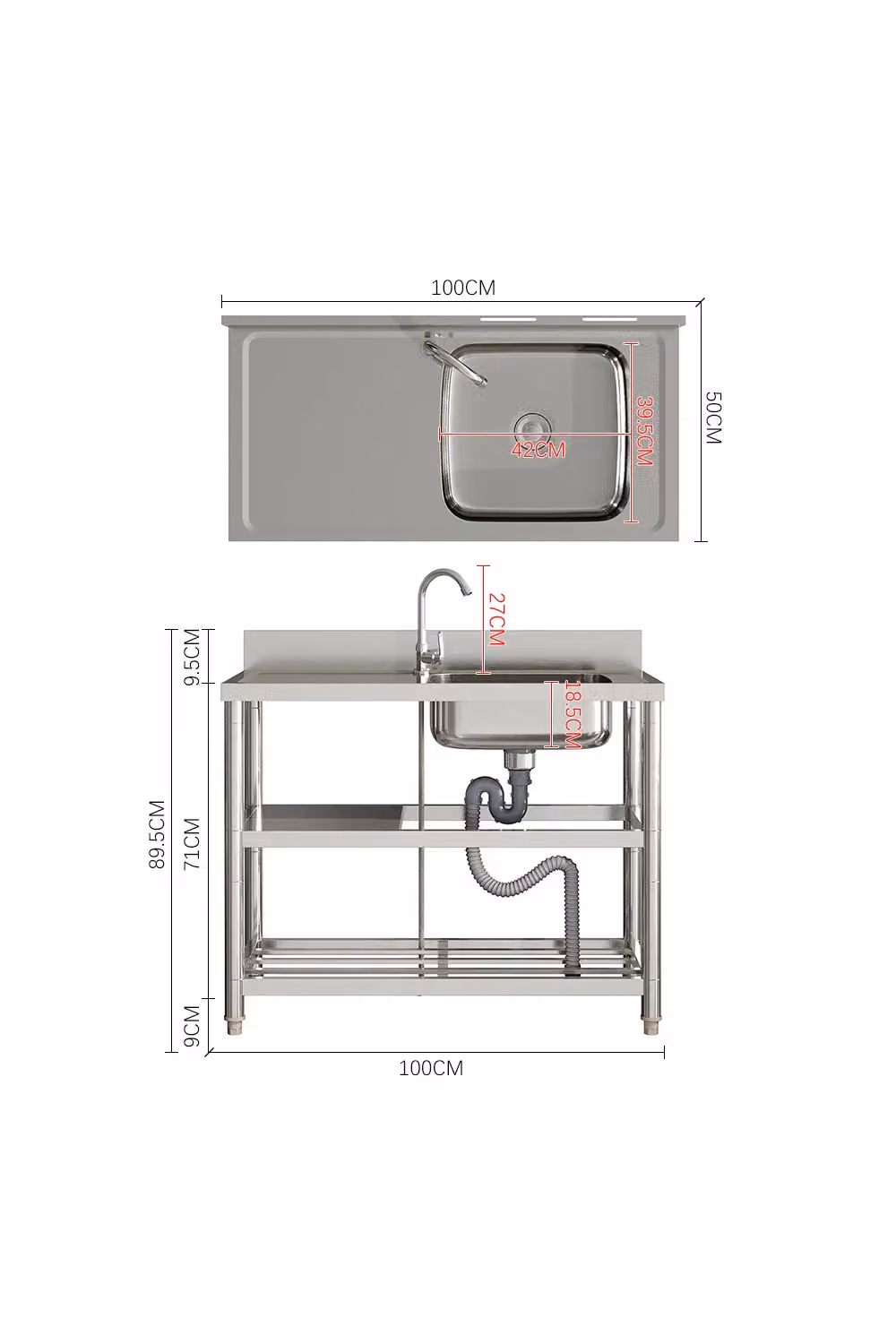 H&O Direct Stainless Steel Single Basin Sink with Shelves in Silver – 4