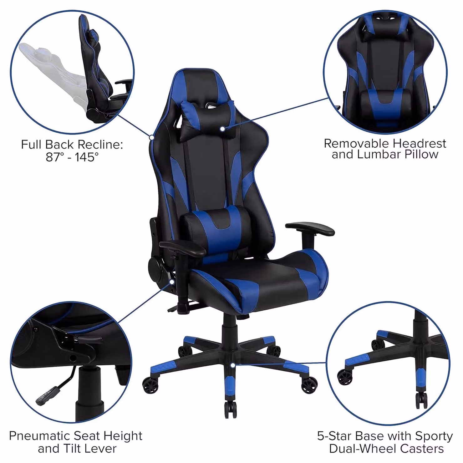 FWStyle Black and Blue Faux Leather Bucket Seat Racer Gaming Chair with Headrest and Armrests – 2