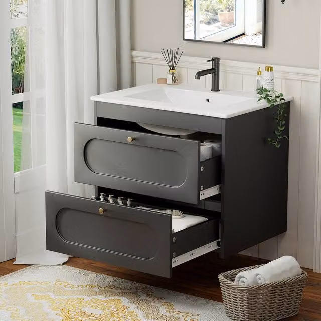 KEEPREAPER Wall Hung Bathroom Vanity Unit with Basin and 2 Soft-Close Drawers in Black and Gold