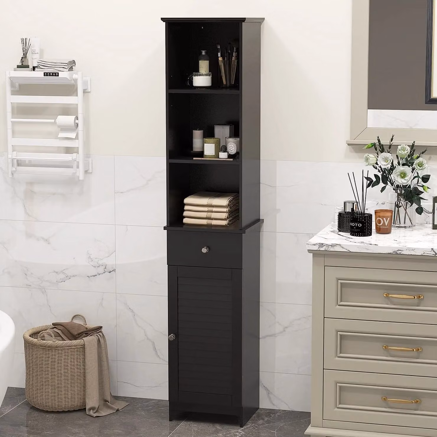 Gymax Modern Black Freestanding Bathroom Cabinet with Hinged Doors and Adjustable Internal Shelves, H 164 cm x W 30 cm x D 30 cm – 2