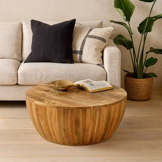 Wyld Haus London Natural Mango Wood Drum Coffee Table, Brown, W/D/H: 80 x 80 x 35 cm – 1