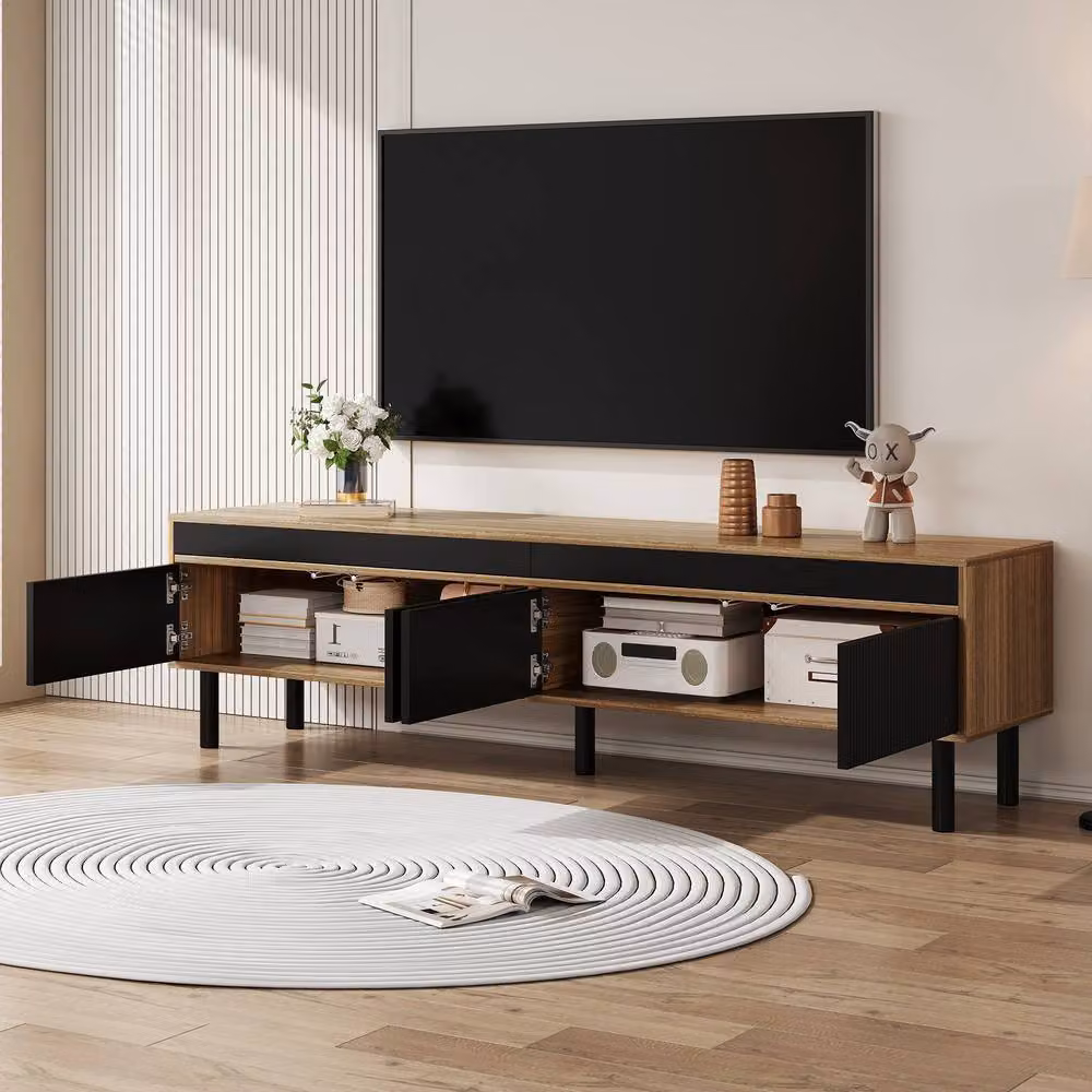 Merax Modern Black Low TV Stand with 4 Fluted Doors and Solid Wood Legs, Width: 170 cm – 4