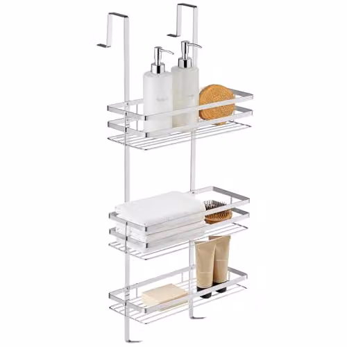 tectake 3-Tier Hanging Stainless Steel Shower Caddy with Hooks in Silver