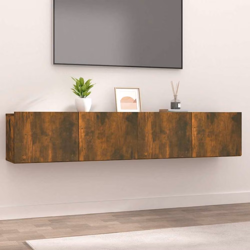 Berkfield Home Set of 2 Smoked Oak Wall Mounted TV Cabinets in Brown, W/D/H: 80 x 30 x 30 cm – 2