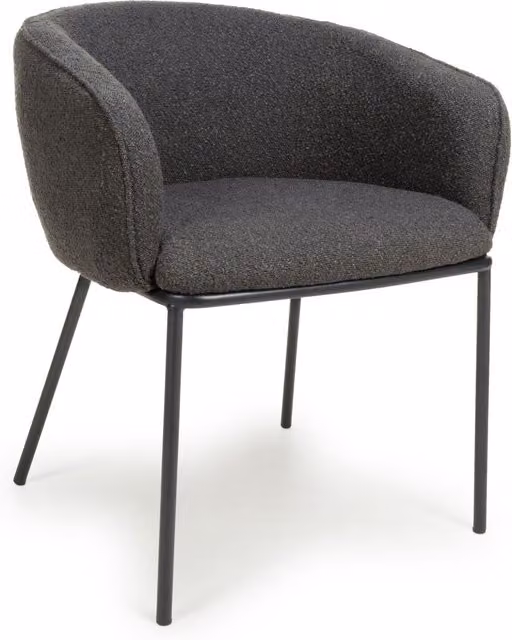 Shankar Pair of Modern Grey Boucle Fabric Dining Chairs with Armrests and Black Metal Frame