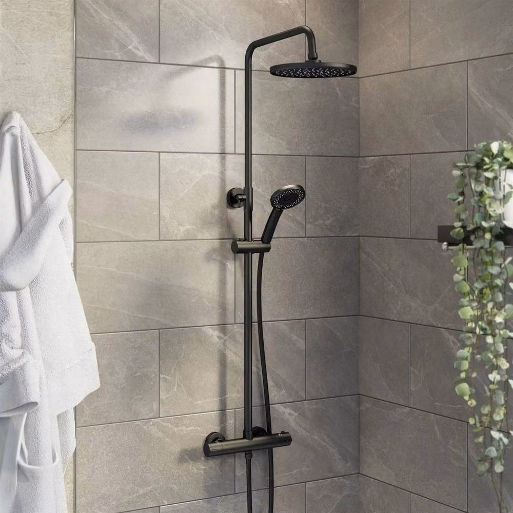 KORVIXA Thermostatic Exposed Bar Shower Set with Rain Overhead Shower and Hand Shower in Matt Black – 3