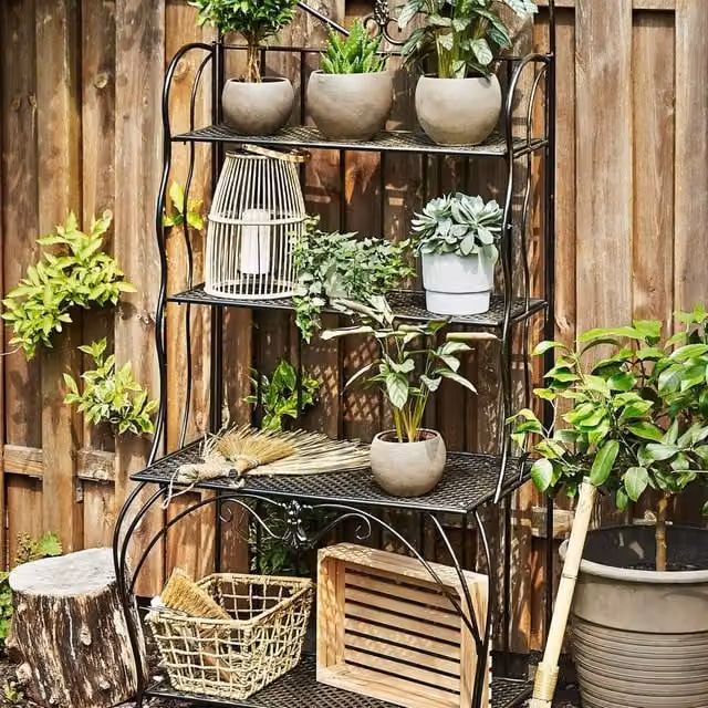 Wyld and Coco 4-Tier Black Metal Plant Shelf, Freestanding Indoor Outdoor Vintage Style
