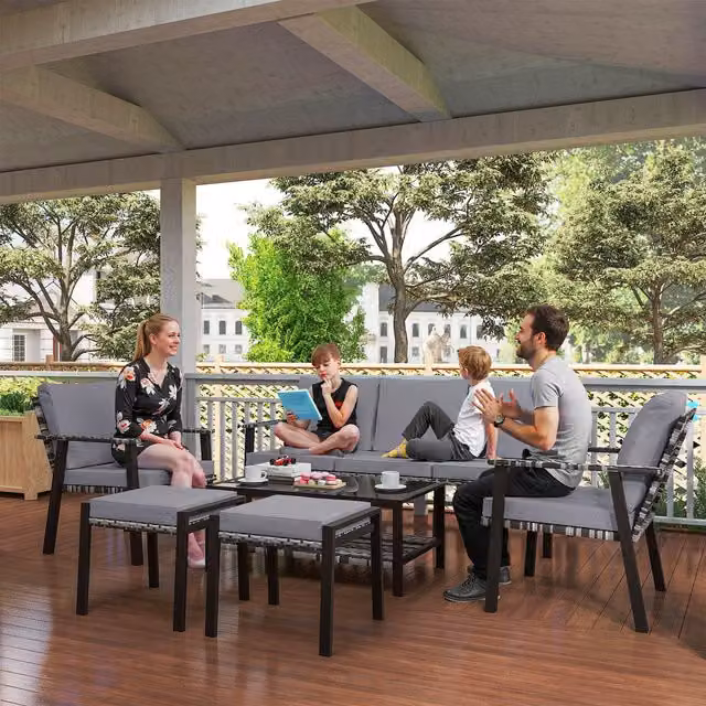 Outsunny 5 Piece Grey Polyrattan Garden Furniture Set with Upholstered Cushions and Ottoman