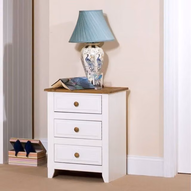 Core Products Capri Three Drawer Bedside Cabinet in White with Waxed Pine Top