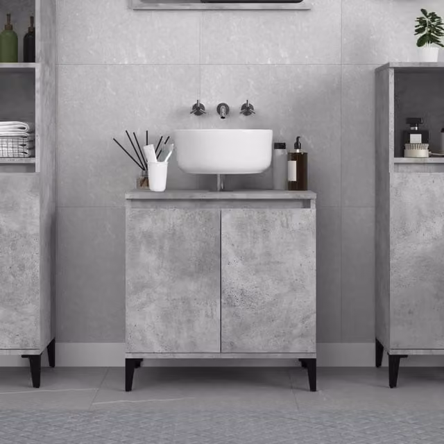 Berkfield Home Concrete Grey Sink Cabinet with Hinged Doors and Internal Shelves, W/D/H: 58 x 33 x 60 cm
