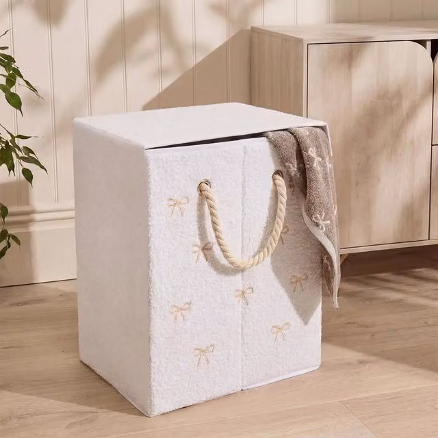 OHS White Bow Print Boucle Folding Laundry Basket Hamper Bag with Lid – 1