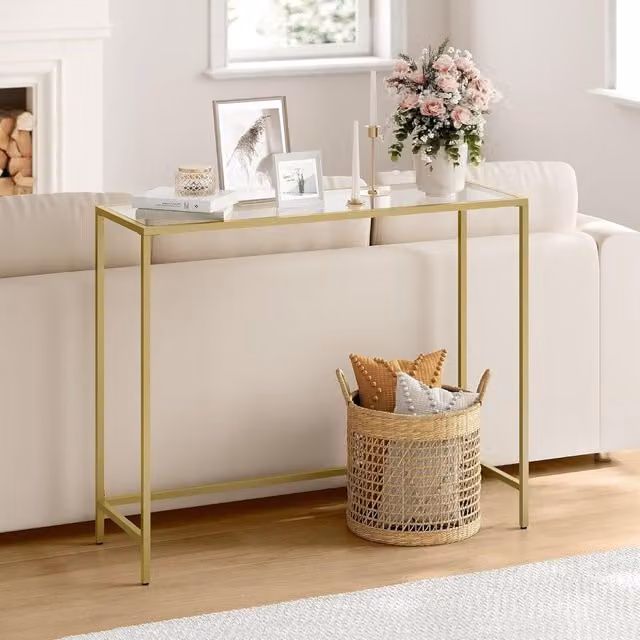 The Bazaarist Modern Minimalist Console Table with Rectangular Transparent Glass Top and Gold Metal Frame, W/D/H: 80 x 35 x 30 cm