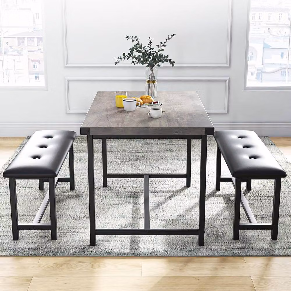 London Boutique 3-Piece Rectangular Dining Table Set with 2 Grey Upholstered Benches – 4