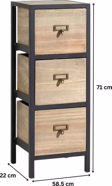Home Source Derwent 3 Drawer Chest Storage Unit in Natural Wood and Metal Industrial Style