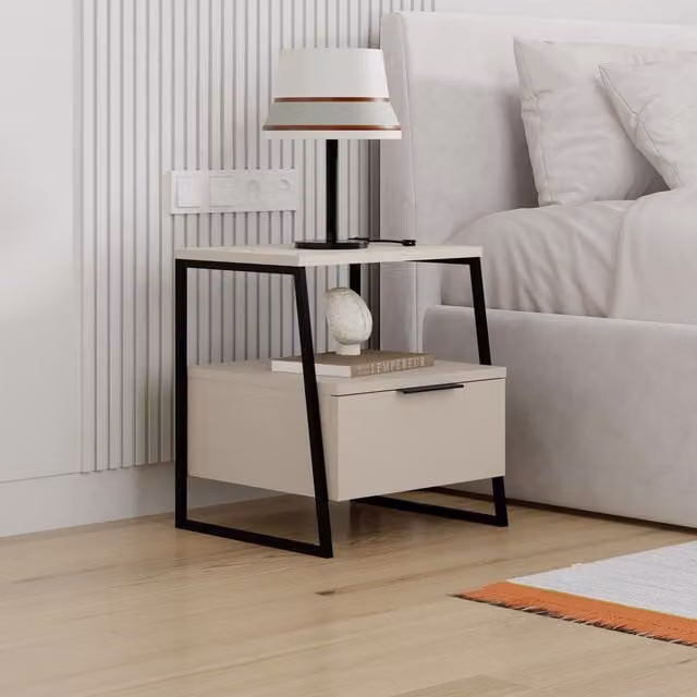 FWStyle Sandstone 1 Door Bedside Table with Black Metal Frame
