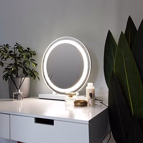 At Home Comforts Lucille Round Hollywood Vanity Mirror with Dimmable LED Lights, White, W/H: 40 x 53 cm – 1