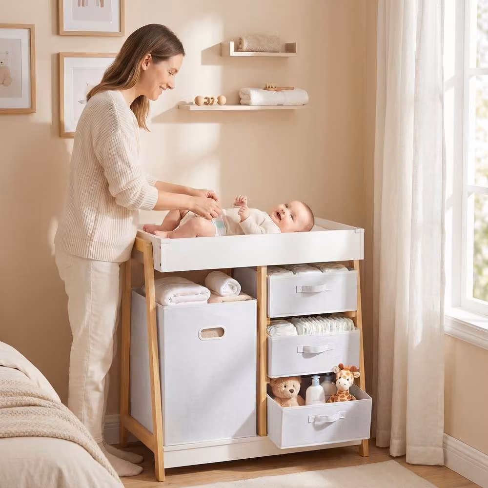 STILVORA White Pine Baby Changing Table with 3 Drawers and Integrated Storage Bins – 2