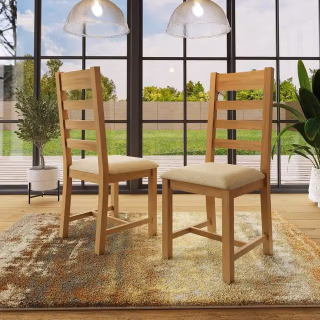 FWStyle Set of 2 Classic Natural Oak Dining Chairs with Beige Fabric Seats