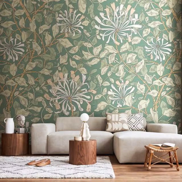 Origin Murals Honeysuckle Floral Art Nouveau Wall Mural in Soft Jade Green