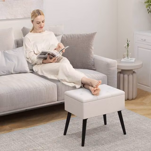 Costway Velvet Flip Top Storage Ottoman Stool with Solid Wood Legs in Beige