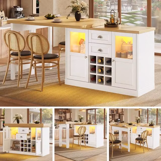 BTM Extendable White LED Sideboard with Glass Storage Cabinet for Dining Rooms and Living Rooms, W/D/H: 148 x 40 x 74 cm