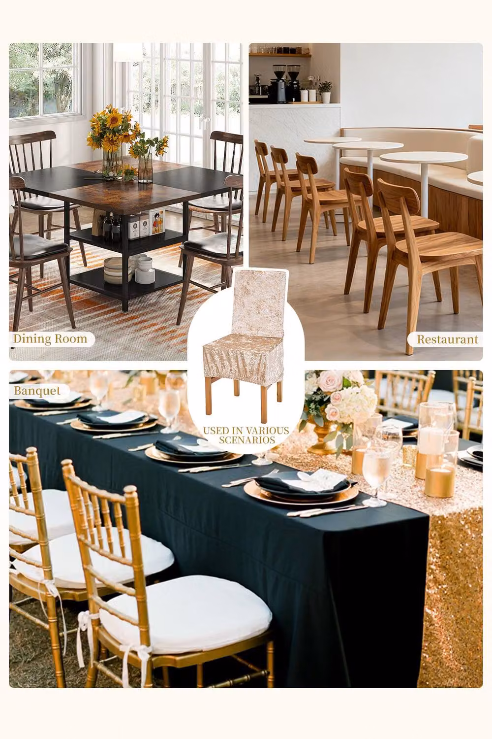 Living and Home Set of 2 Gold Velvet Dining Chair Covers with Elastic Band – 3