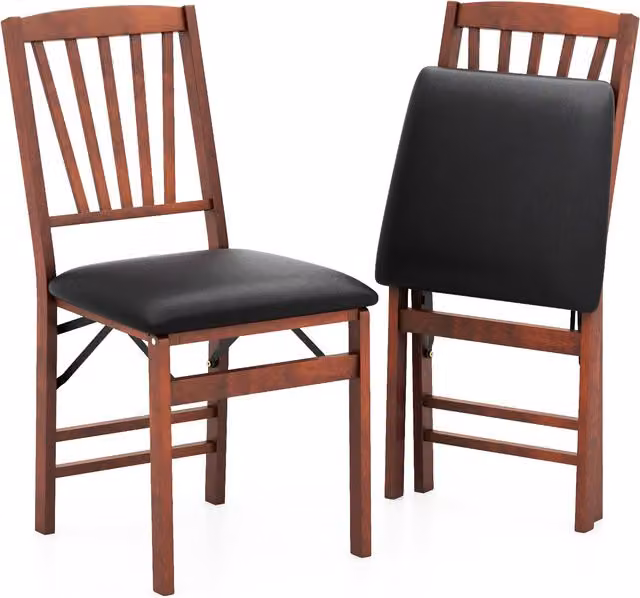 Costway Set of 2 Brown Folding Dining Chairs in Rubberwood and Synthetic Leather