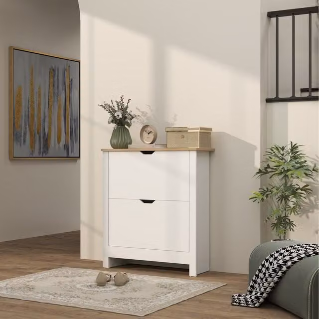 HOMCOM Modern High Gloss White Shoe Storage Cabinet with 12 Tilting Compartments and 2 Internal Drawers