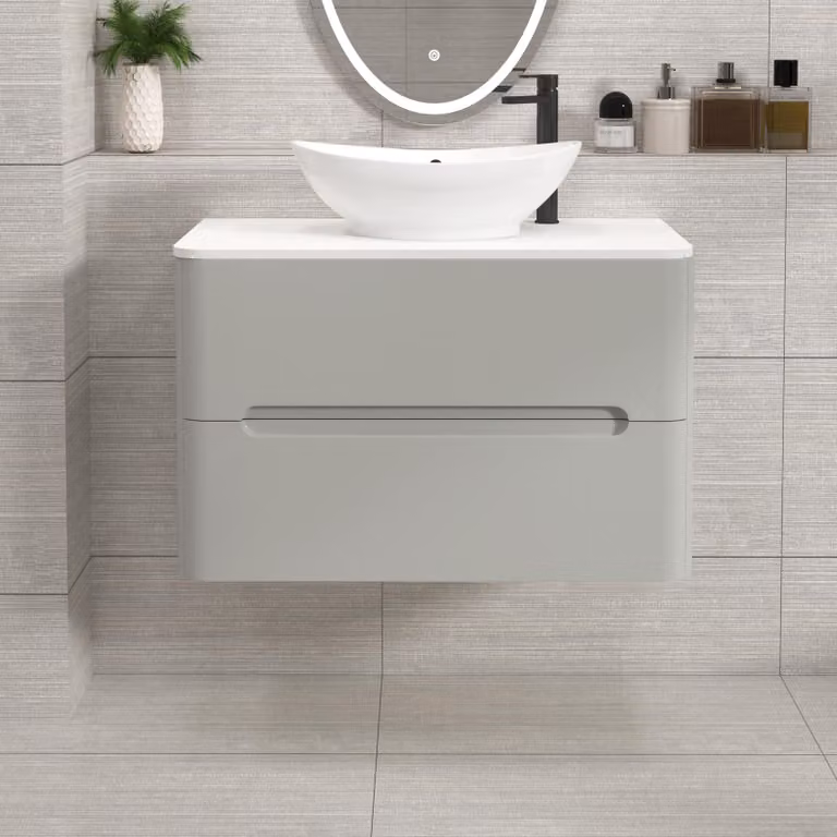 Royal Bathrooms Venice 800mm Wall Hung Vanity Unit in Dove Grey with 2 Drawers, Plain White Worktop and Amaze Basin