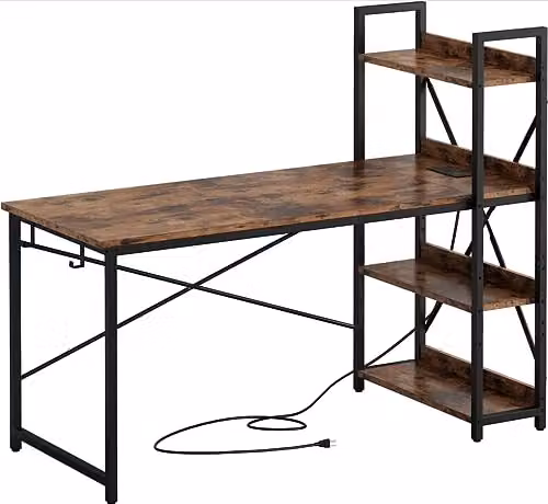 Hygrad Industrial 4 Tier Wooden Computer Desk with UK Sockets and USB Ports, Brown, W: 121.0 cm, D: 60.0 cm, H: 18.0 cm – 11