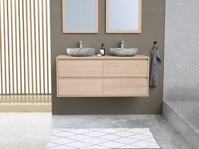 Milipam Scandinavian Style Bathroom Furniture with Double Stone Basin in Light Oak, W: 120 cm, D: 45 cm, H: 50 cm – 1