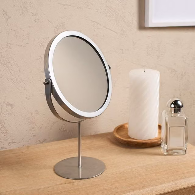 OHS Round Freestanding Vanity Bathroom Mirror in Silver