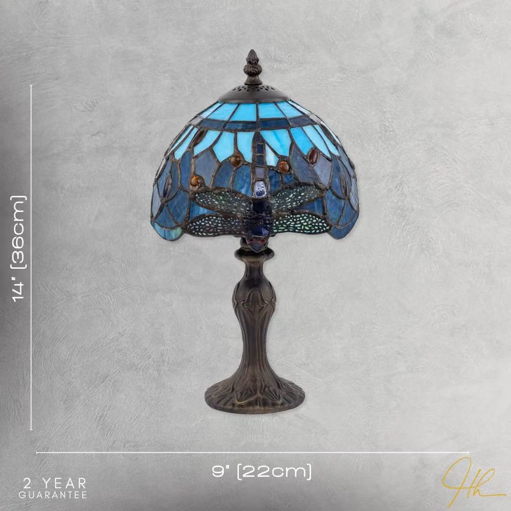 Happy Homewares Traditional Handmade Stained Glass Dragonfly Tiffany Tabletop Lamp in Blue – 5