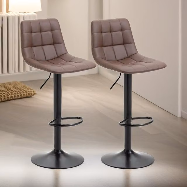 FURNOS Set of 2 Height Adjustable 360 Swivel Barstools with Tufted Backrest in Brown Synthetic Leather – 1