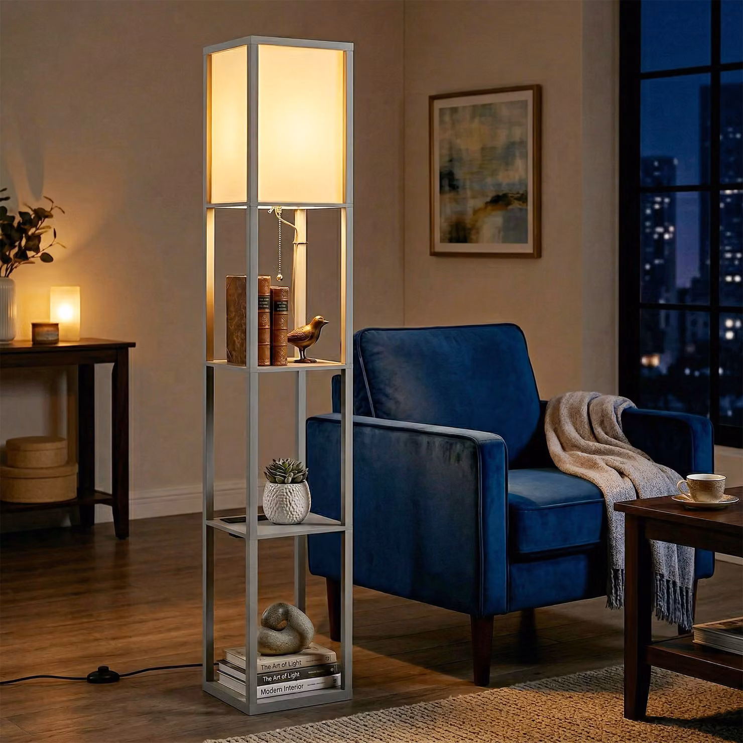 HOMCOM Modern Grey Floor Lamp with 3-Layer Shelves and LED Bulb – 2