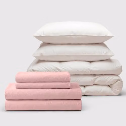 Bedable 100% Cotton Percale Bedding Bundle in Pink, including Duvet Cover, Fitted Sheet, Duvet and 2 Pillows