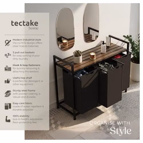 tectake Triple Laundry Basket with 3 x 38L Capacity, Water- and Smell-Resistant Fabric, Pull-Out Baskets with Steel Frame and Wooden Look Top Shelf, Black/Brown – 2