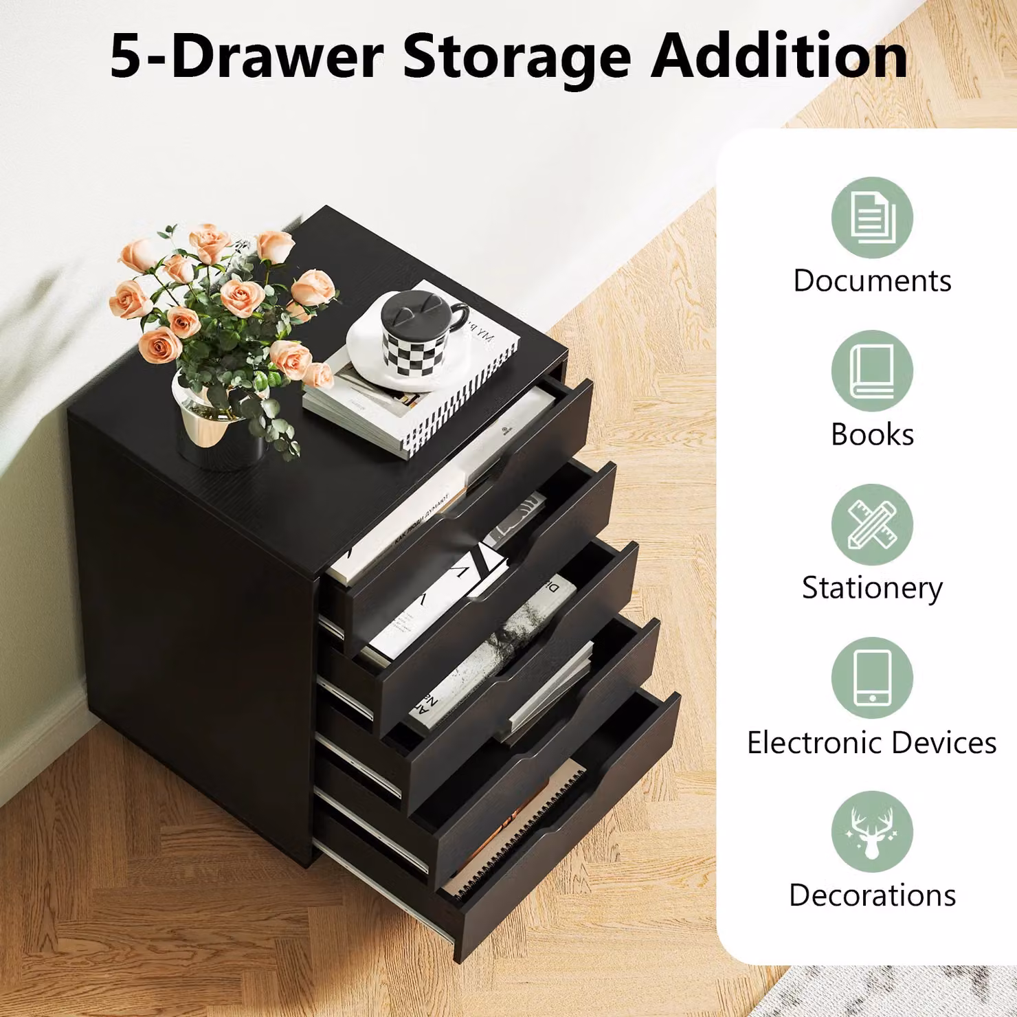 Gymax 5-Drawer Rolling Filing Cabinet and Under Desk Dresser with Castors, Black – 2