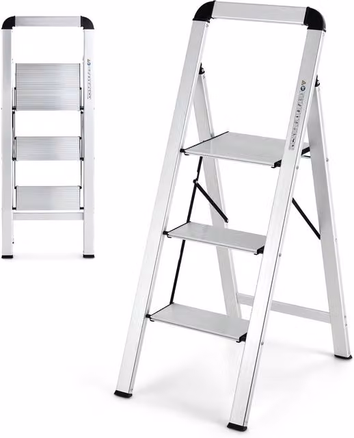 COSTWAY 3-Step Folding Aluminium Step Ladder with Rubber Feet in Silver