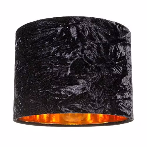 Happy Homewares Modern Black Crushed Velvet Circular Drum Lampshade with Copper Inner