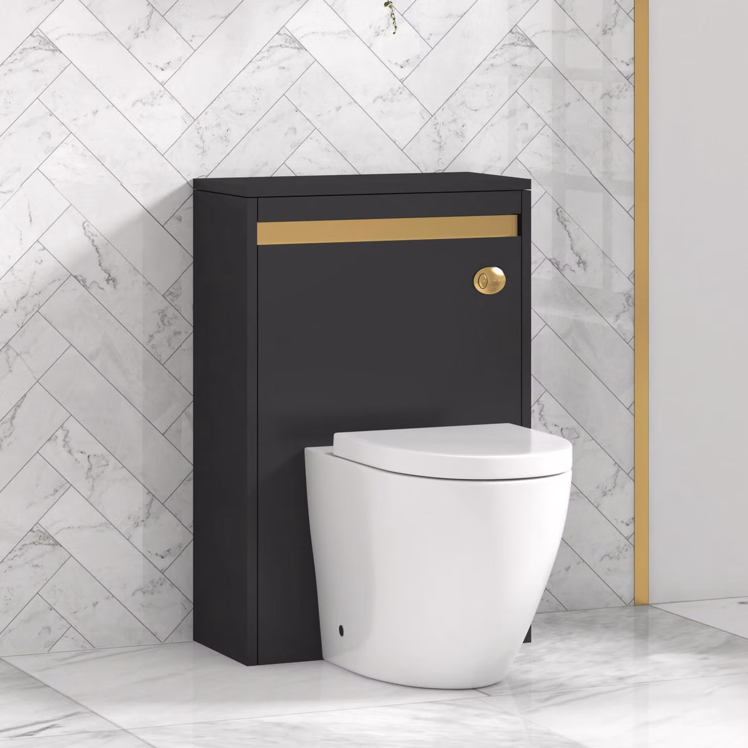Royal Bathrooms Orion 540mm Matt Obsidian Black BTW WC Unit with Elva Rimless Toilet Pan, Seat and Cistern with Brushed Brass Accent Trim